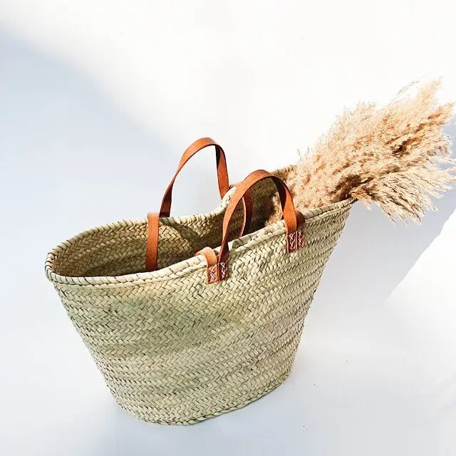 Straw Beach Bag w/Leather Handle