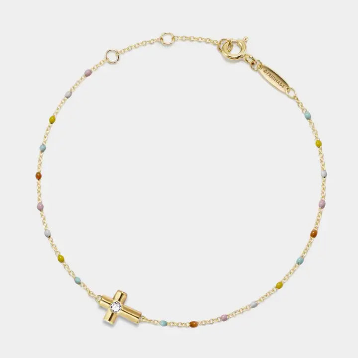 Cross Boho Color Bead Charm Bracelet in 925 Sterling Silver