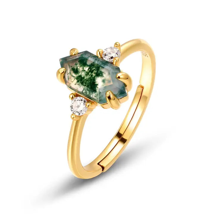 Hexagon Cut Moss Agate Ring