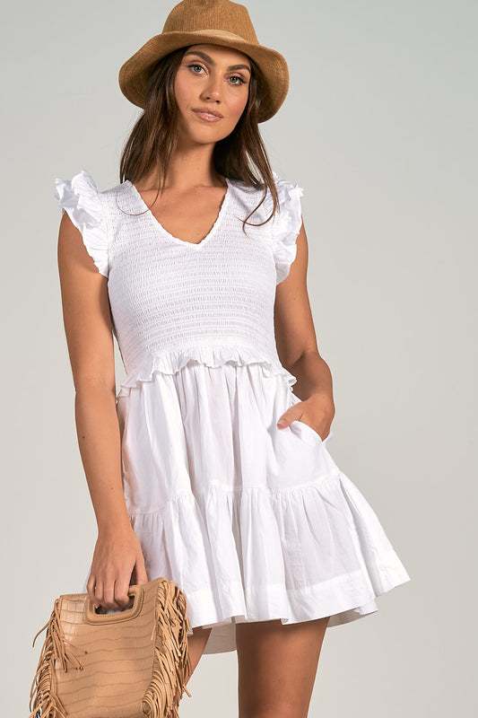 White Ruffle Sleeve Mini Dress