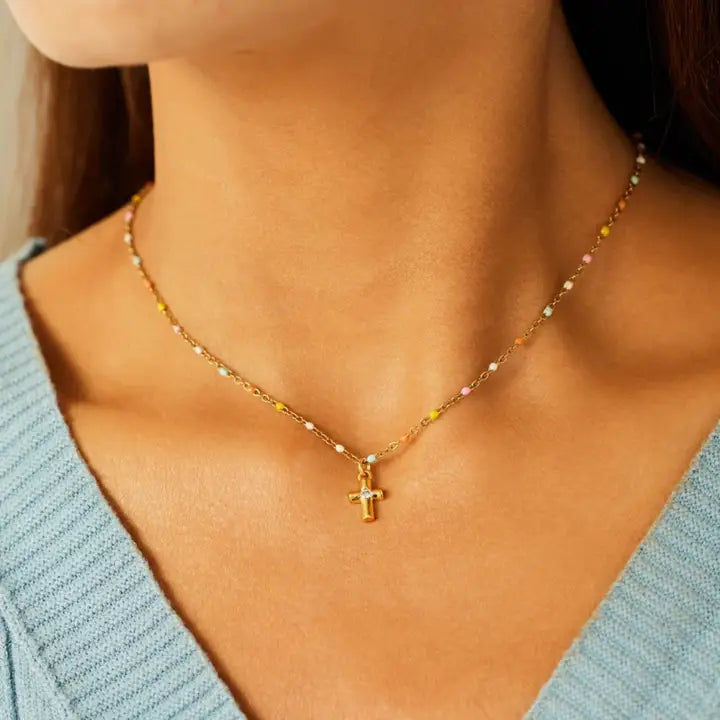 Cross Boho Color Bead Charm Necklace