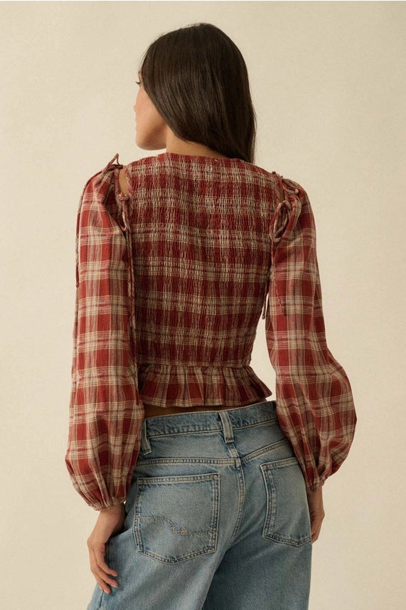 Harvest Plaid Scrunch Top