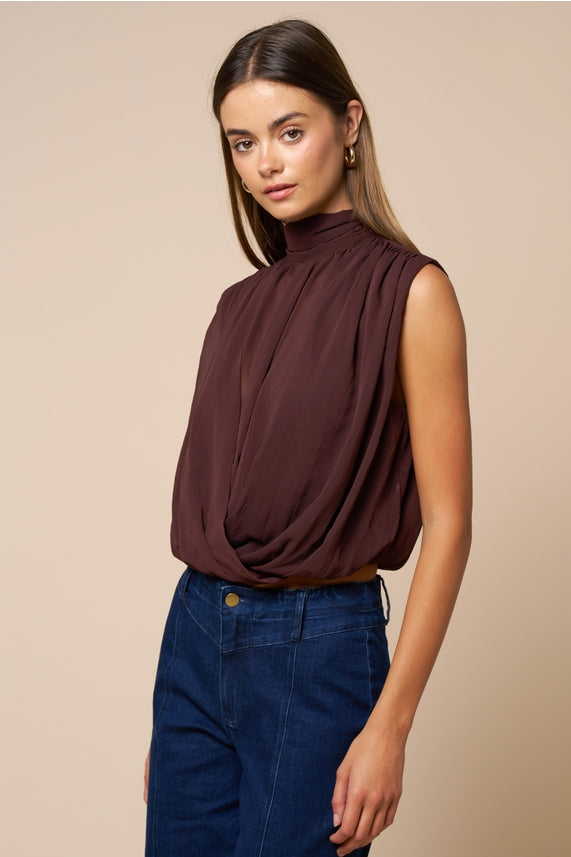 Draped Chiffon Mock Neck Top