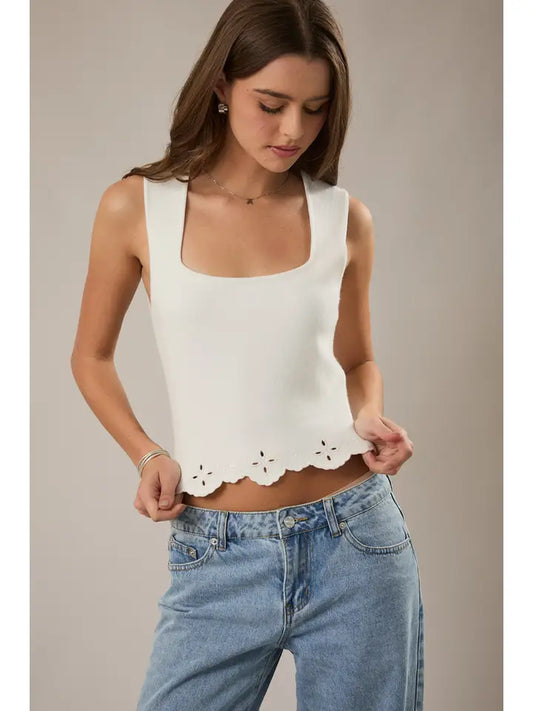 Eyelet Detail Scallop Hem Top