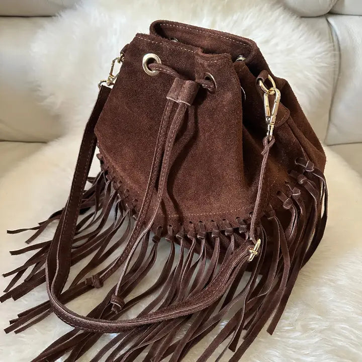 Suede Fringe Bucket Bag