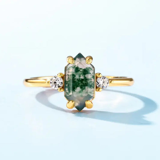 Hexagon Cut Moss Agate Ring