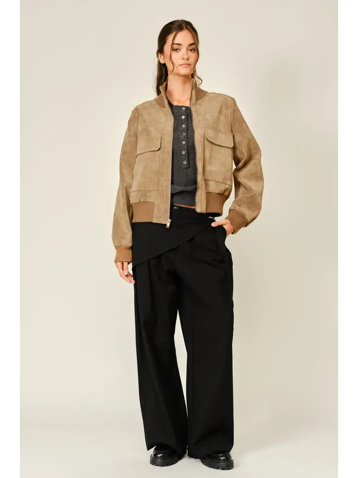 Vintage Vegan Leather Rib Bomber Jacket