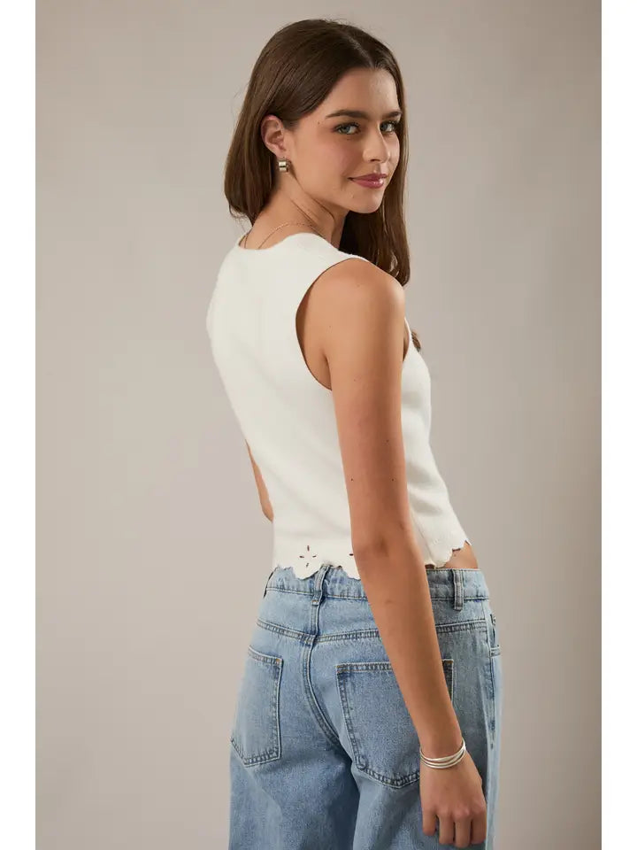 Eyelet Detail Scallop Hem Top
