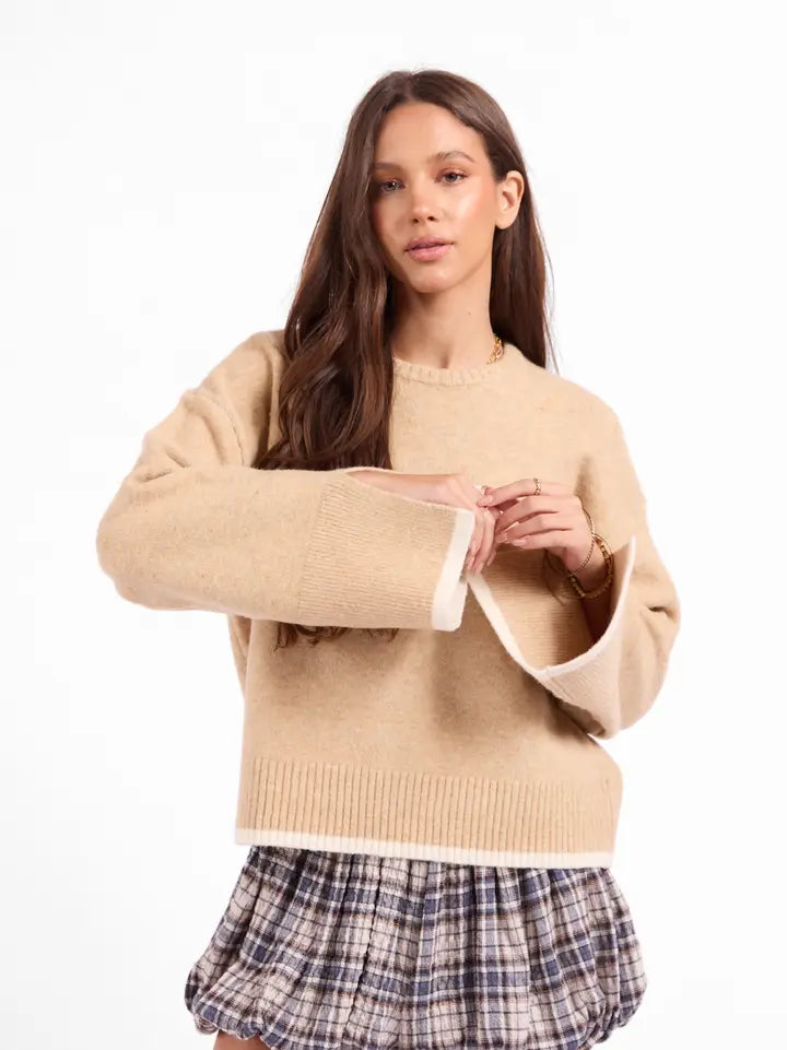 Angelina Cuff Slit Crew Neck Sweater