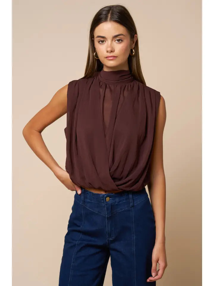 Draped Chiffon Mock Neck Top