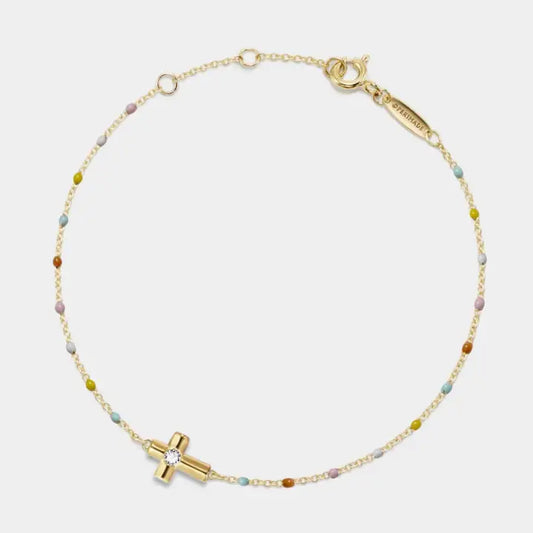 Cross Boho Color Bead Charm Bracelet in 925 Sterling Silver