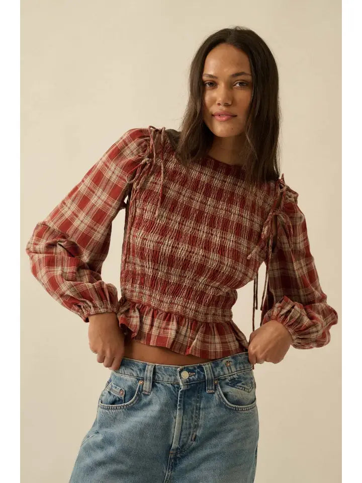 Harvest Plaid Scrunch Top