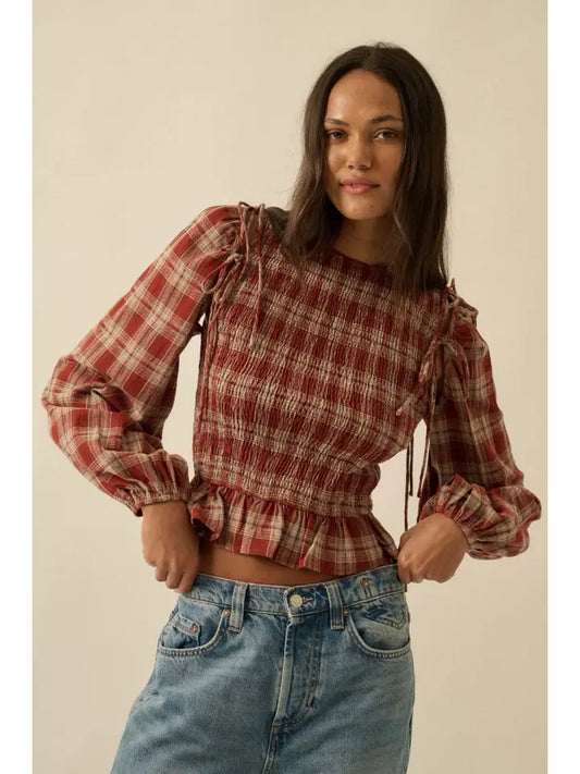 Harvest Plaid Scrunch Top