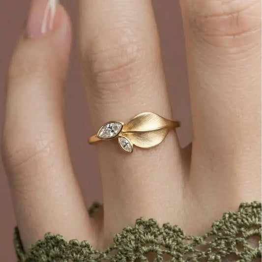 Satin Brushed Leaf Cz Ring