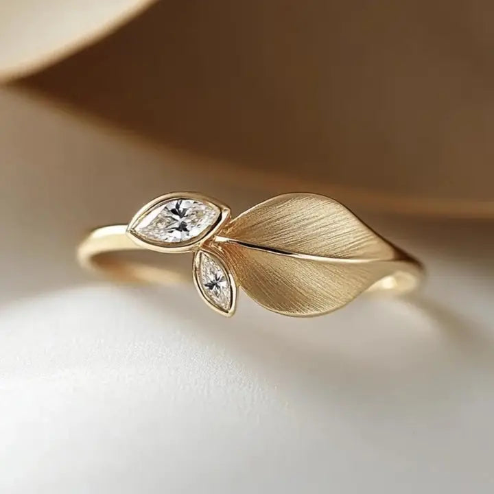 Satin Brushed Leaf Cz Ring