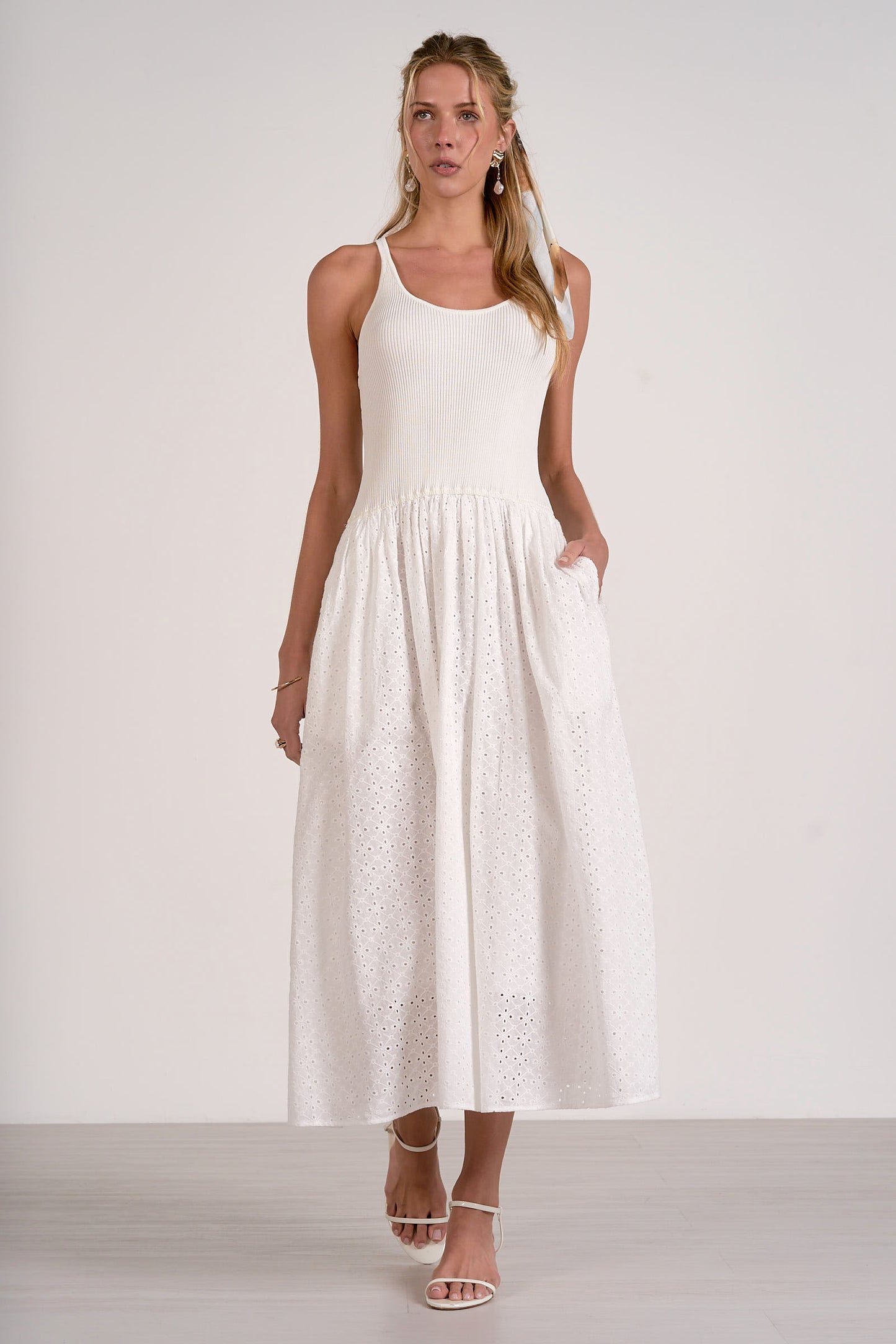 Eyelet Midi Mixed Media Dress