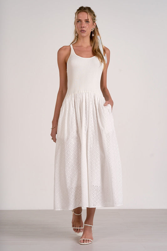 Eyelet Midi Mixed Media Dress