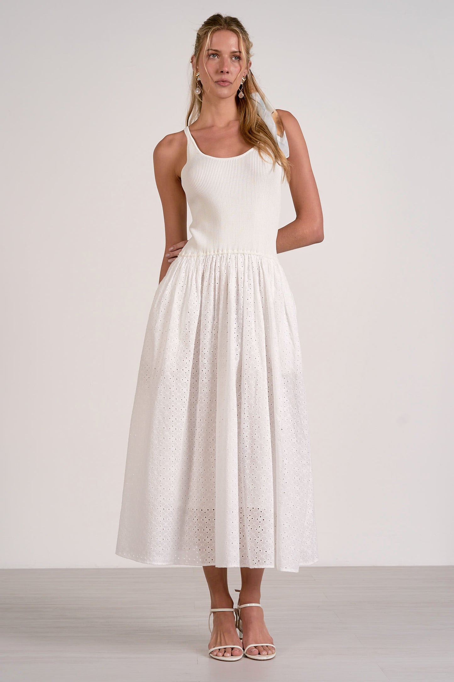 Eyelet Midi Mixed Media Dress