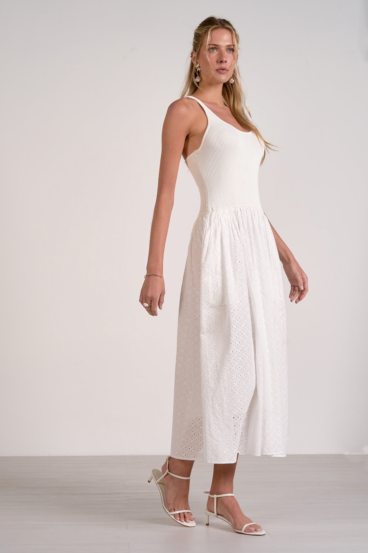 Eyelet Midi Mixed Media Dress