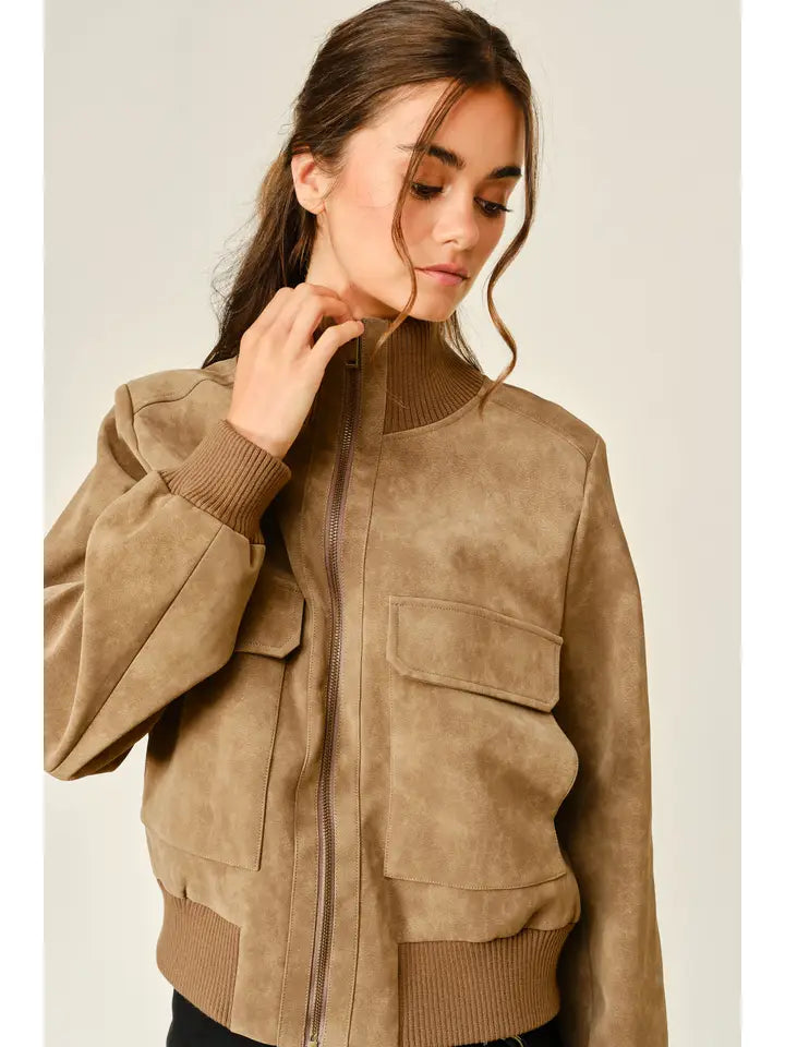 Vintage Vegan Leather Rib Bomber Jacket
