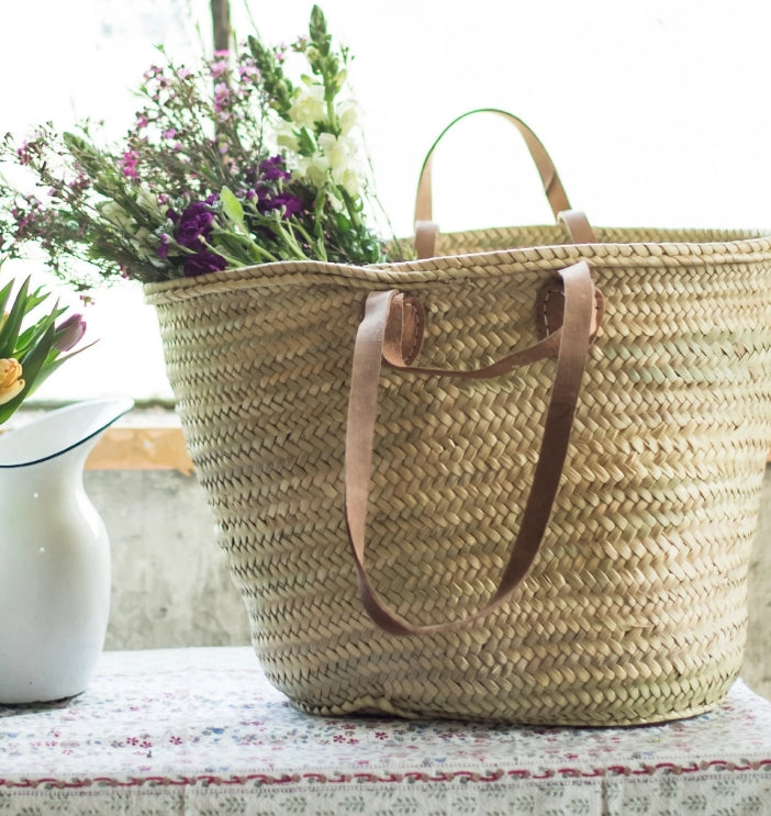 Double Leather Handle Straw Bag