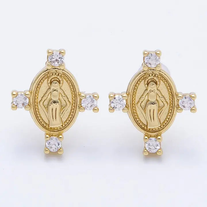 Mother Mary Oval Stud Earrings