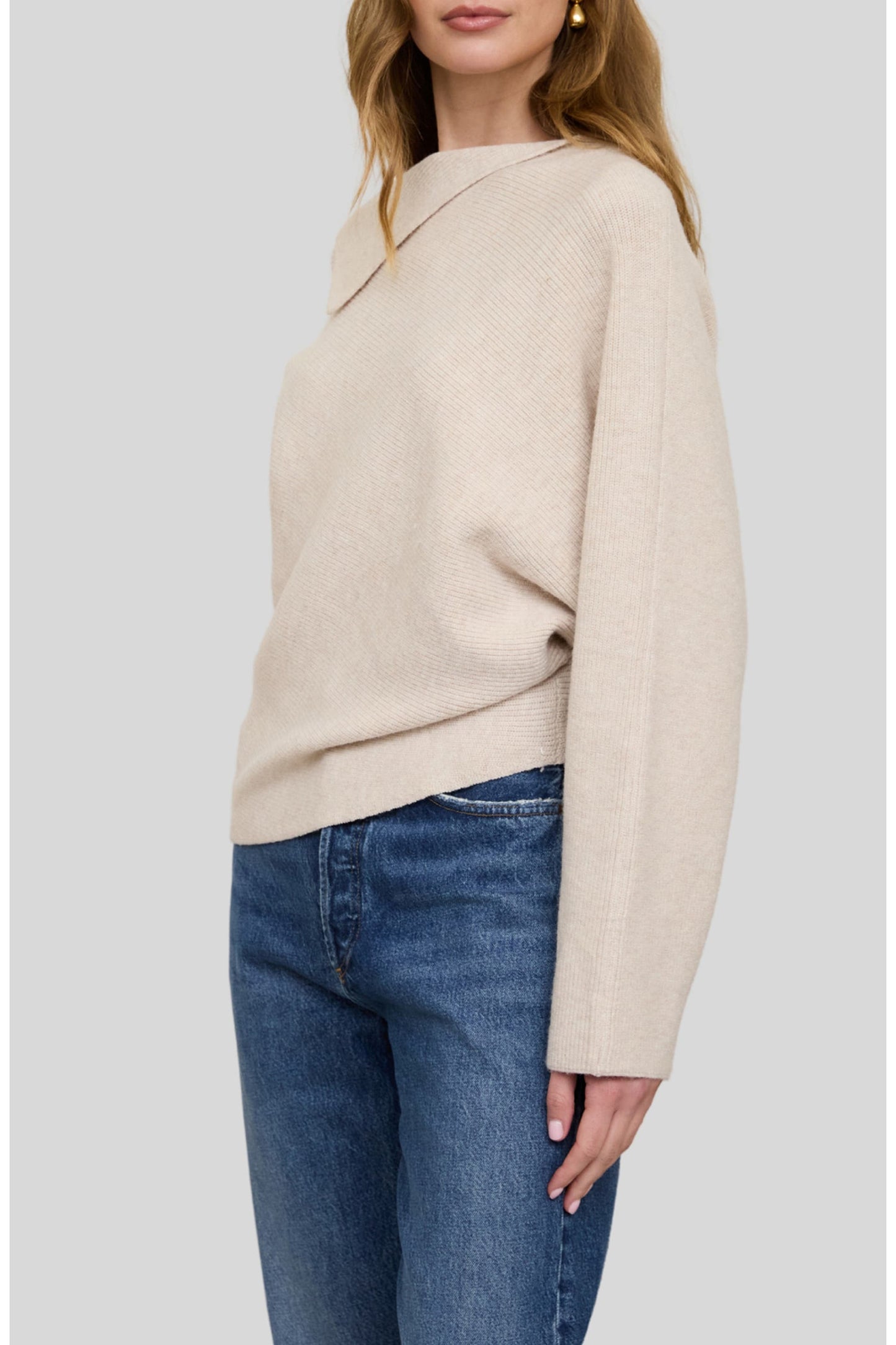 Asymmetric Neckline Ribbed Sweater