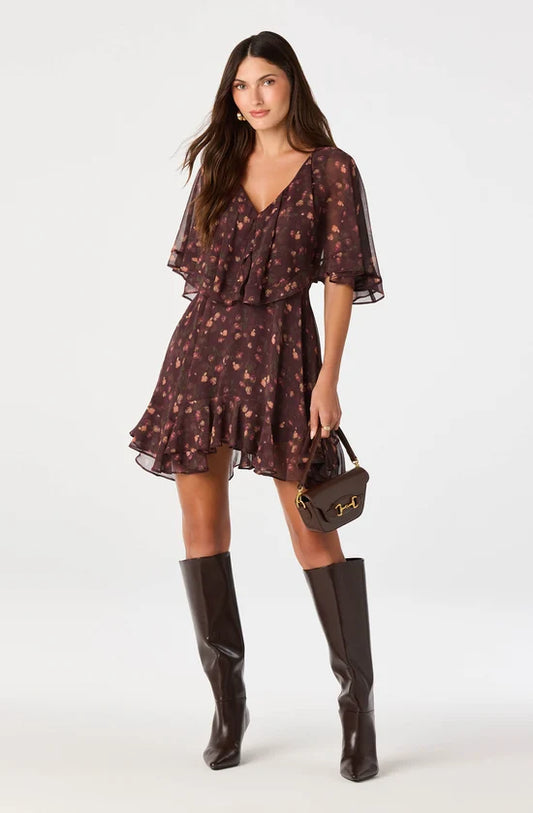 Lilah Floral Cape-Sleeve Mini Dress