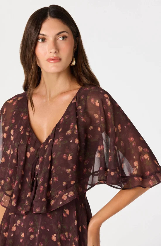 Lilah Floral Cape-Sleeve Mini Dress