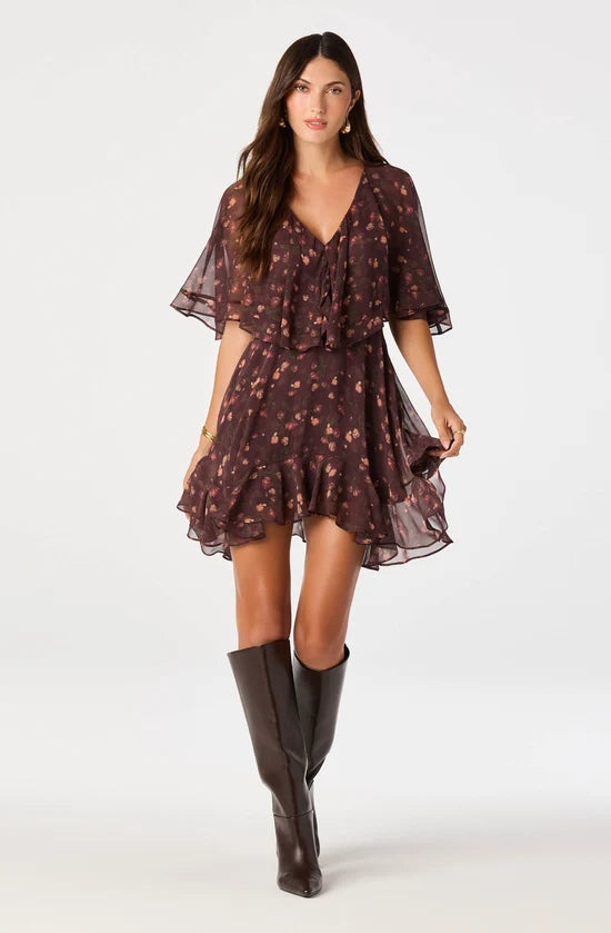 Lilah Floral Cape-Sleeve Mini Dress
