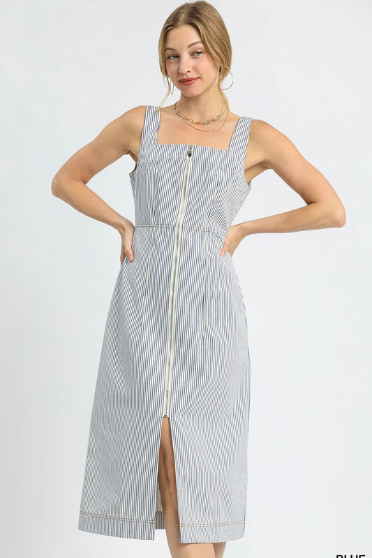 Pinstripe Zip Front Midi Dress