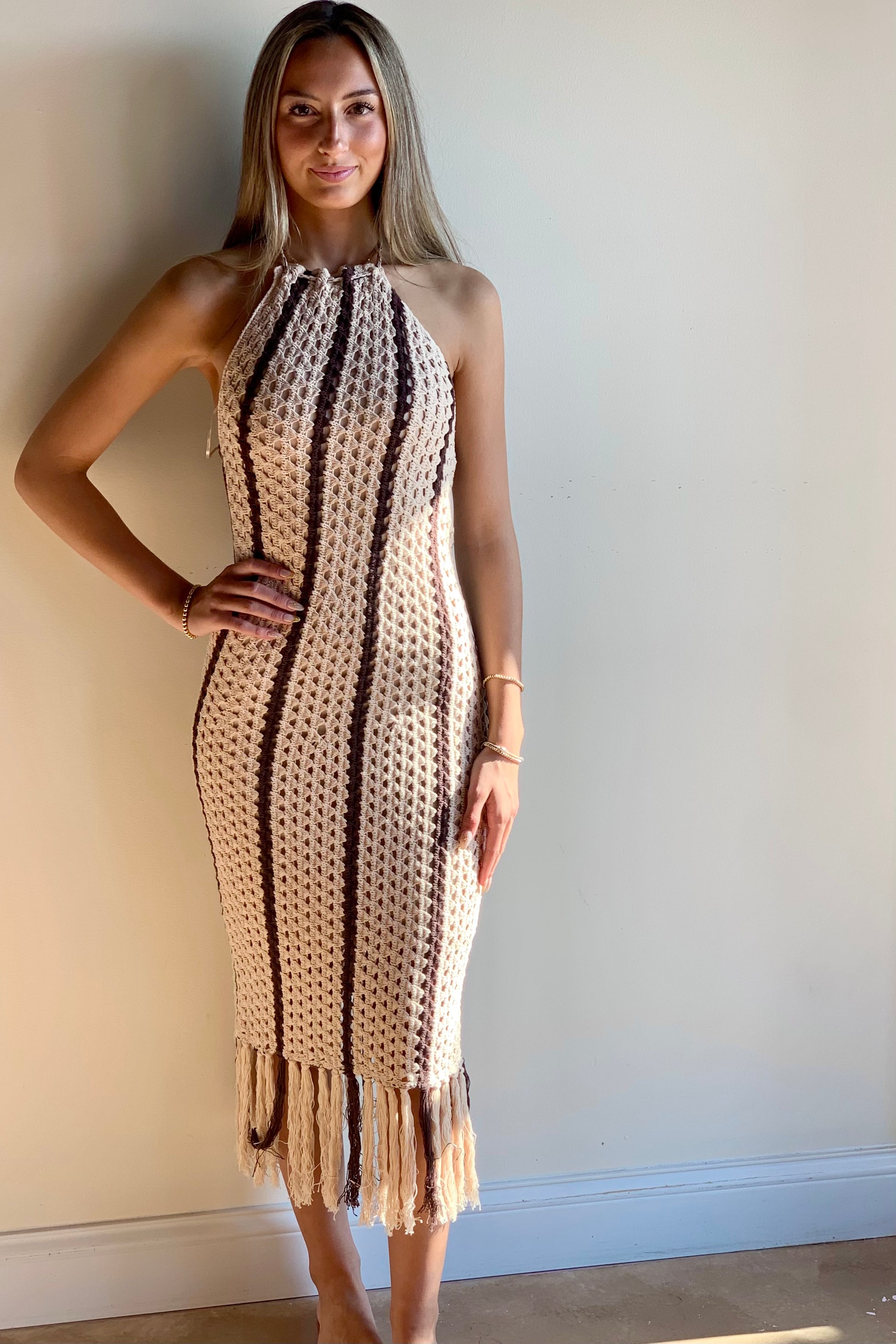 crochet halter fringe dress Miss Circle Women Faelyn Off-White Double Fringe Crochet Halter Maxi Dress