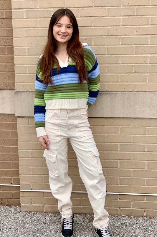 Green multi stripe collar Sweater