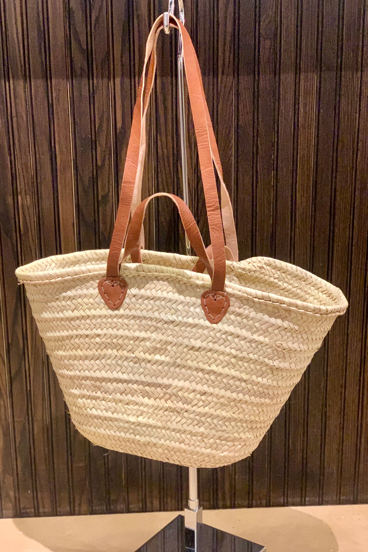 Double Leather Handle Straw Bag