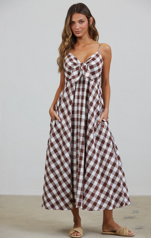Misha Tie Front Checked Midi Dress
