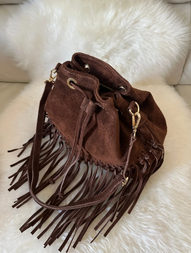 Suede Fringe Bucket Bag