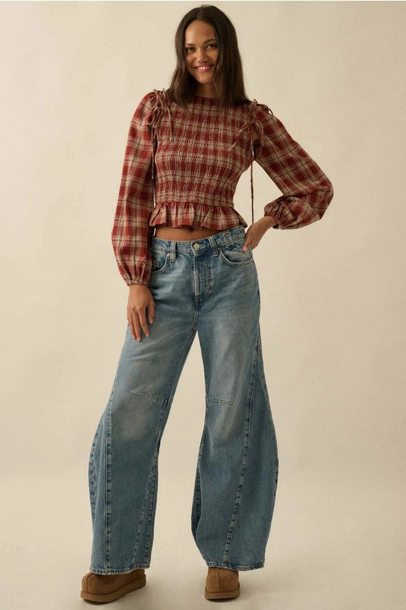 Harvest Plaid Scrunch Top