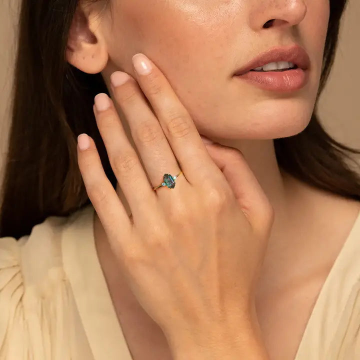 Hexagon Cut Moss Agate Ring