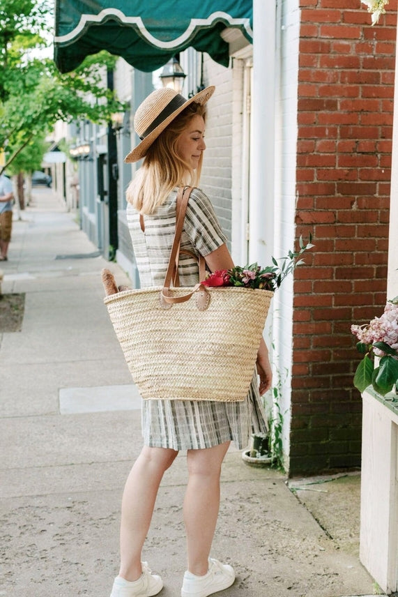 Double Leather Handle Straw Bag