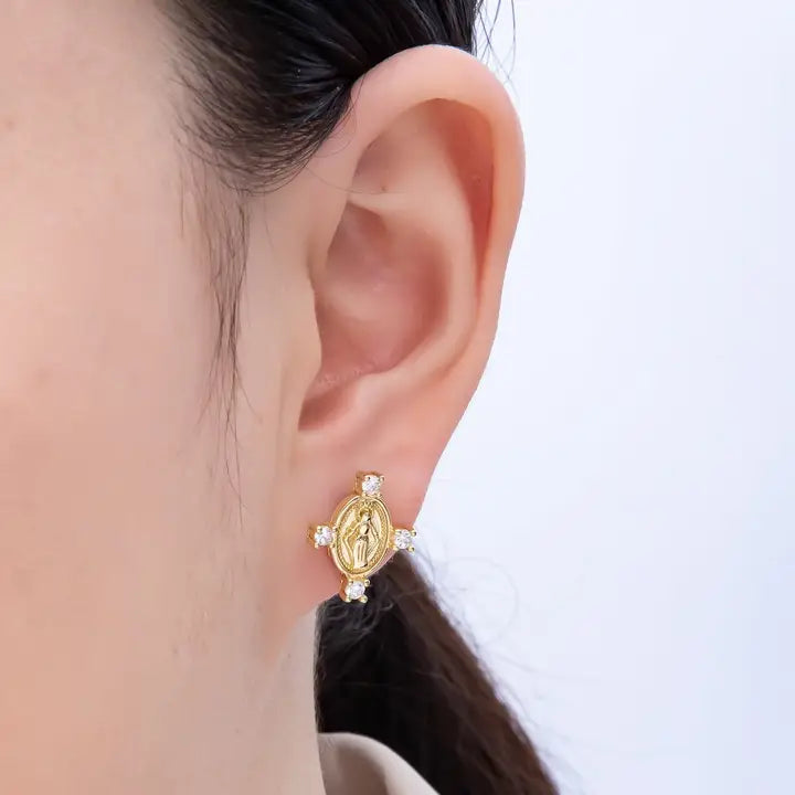 Mother Mary Oval Stud Earrings