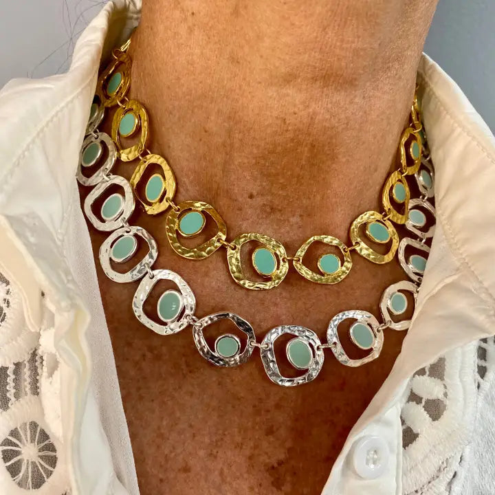Turquoise Enamel Cut-Out Link Necklace