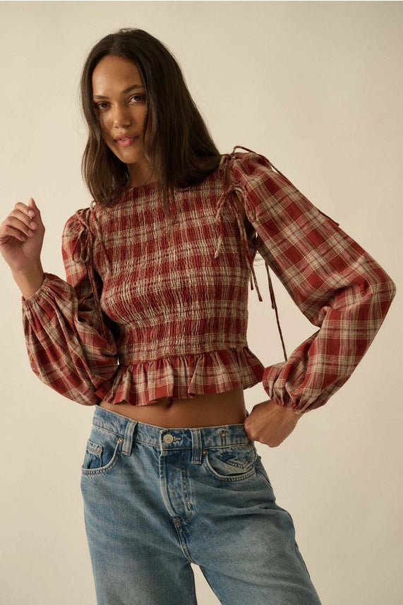 Harvest Plaid Scrunch Top