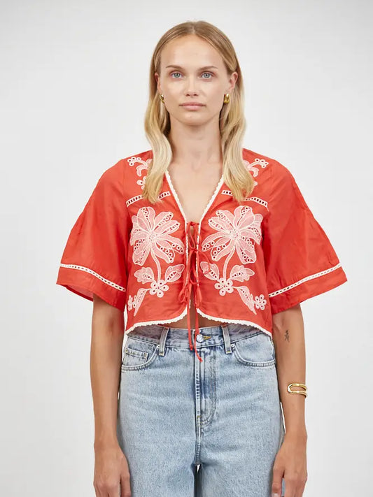 Embroidered V Neck Short Sleeve Crop