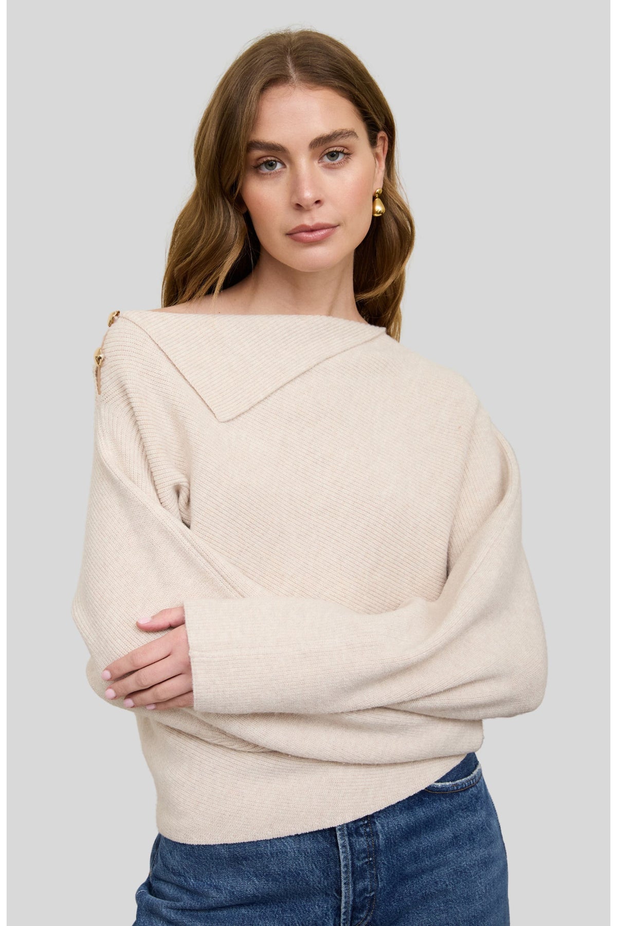 Asymmetric Neckline Ribbed Sweater