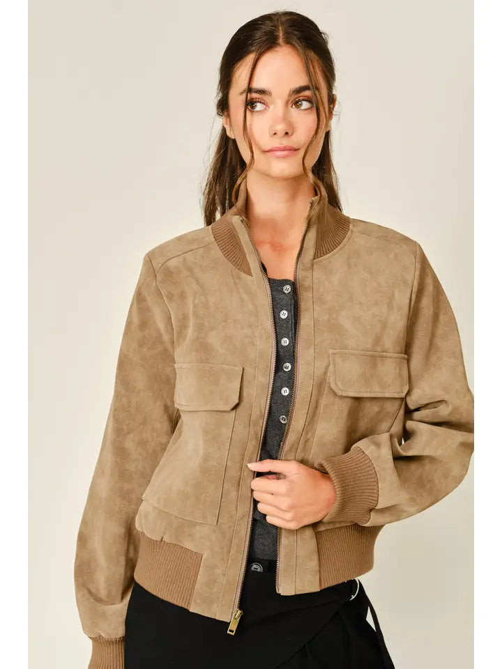 Vintage Vegan Leather Rib Bomber Jacket