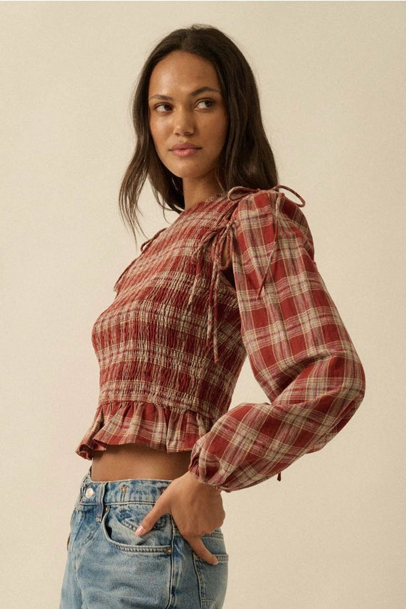 Harvest Plaid Scrunch Top
